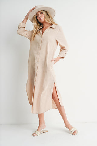 Ready to Ship Beige Midi Shirt Dress