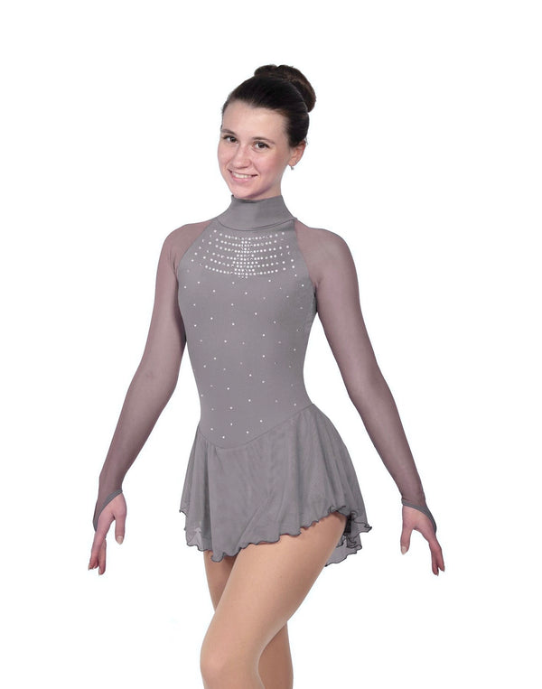 Solitaire Ready to Ship Classic High Neck Linear Beaded Skating Dress - Grey