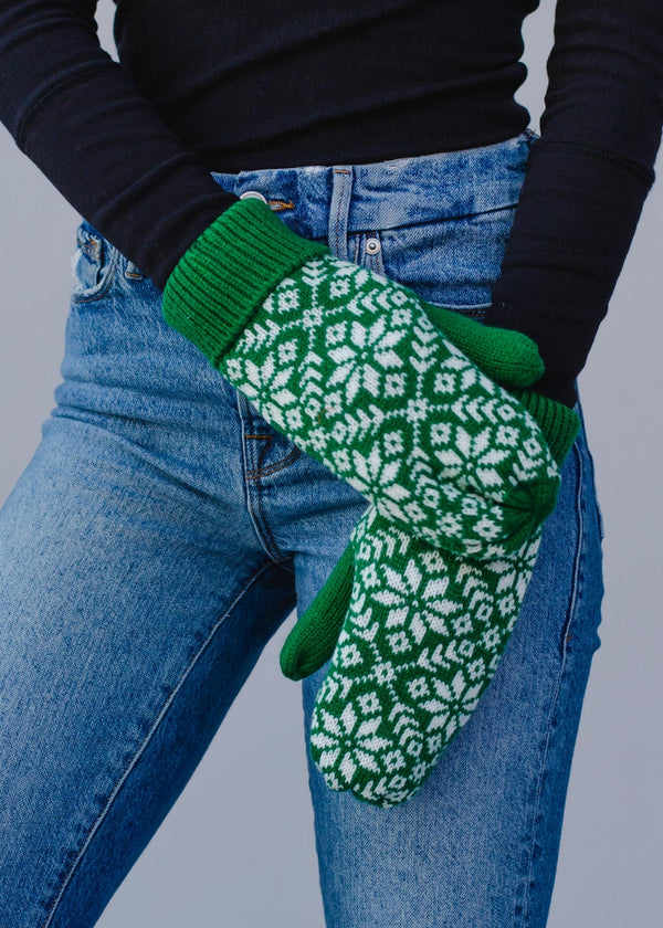 Green & White Knit Mittens