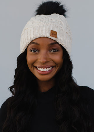 Ivory Cable Knit Pom Hat