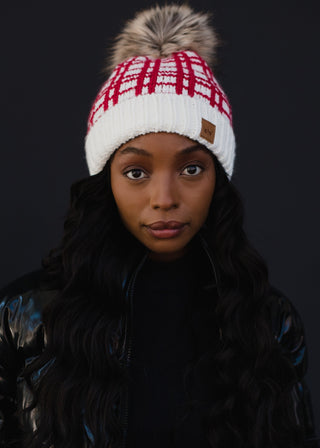 Red & White Plaid Pom Hat