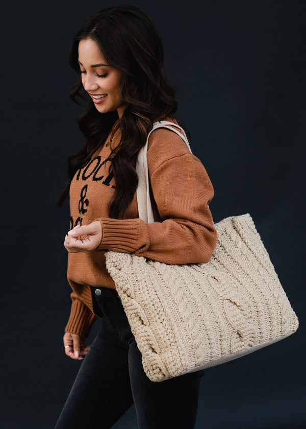 Ready to Ship Cable Knit Tote Bag - Tan