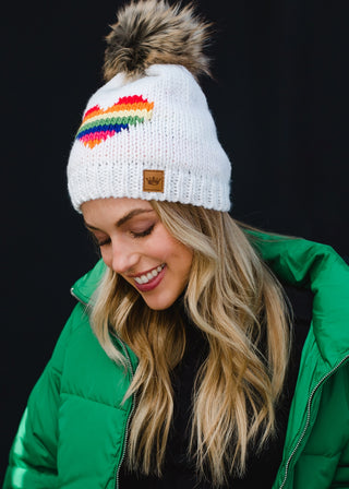 Rainbow Heart Pom Hat