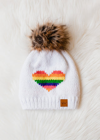 Rainbow Heart Pom Hat