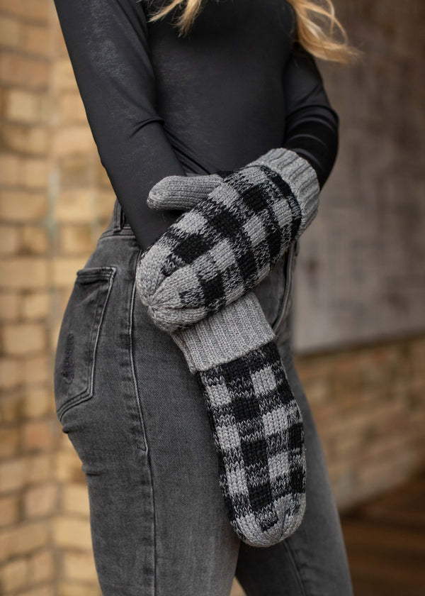 Ready to Ship Grey & Black Buffalo Plaid Knit Mittens