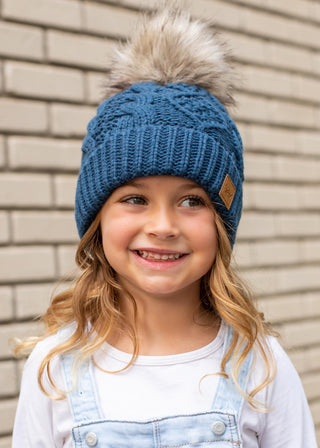 Kid’s Blue Cable Knit Pom Hat