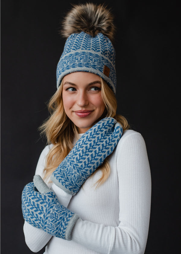 Blue & Light Grey Pom Hat