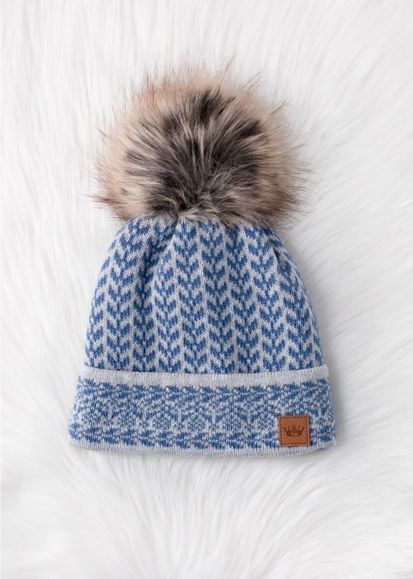 Blue & Light Grey Pom Hat