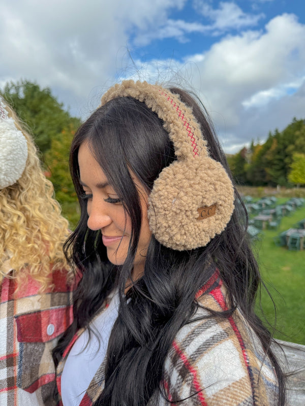 CC Beanie Ready to Ship Sherpa Embroidered Earmuffs - Camel