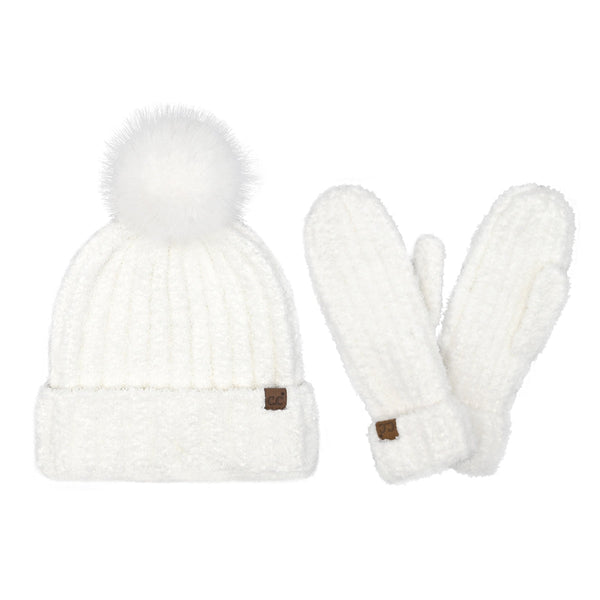 CC Beanie Ready to Ship Hat & Mittens Set - White