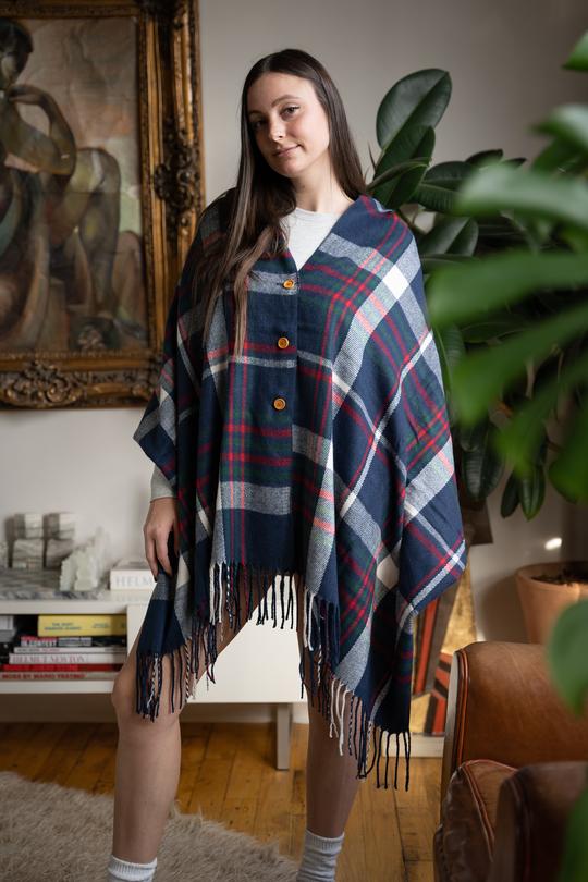 Saachi Ready to Ship Plaid Poncho - Blue